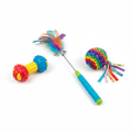 Interactive Pet Toy Set with feather wand, rubber chew toy, and crinkle ball