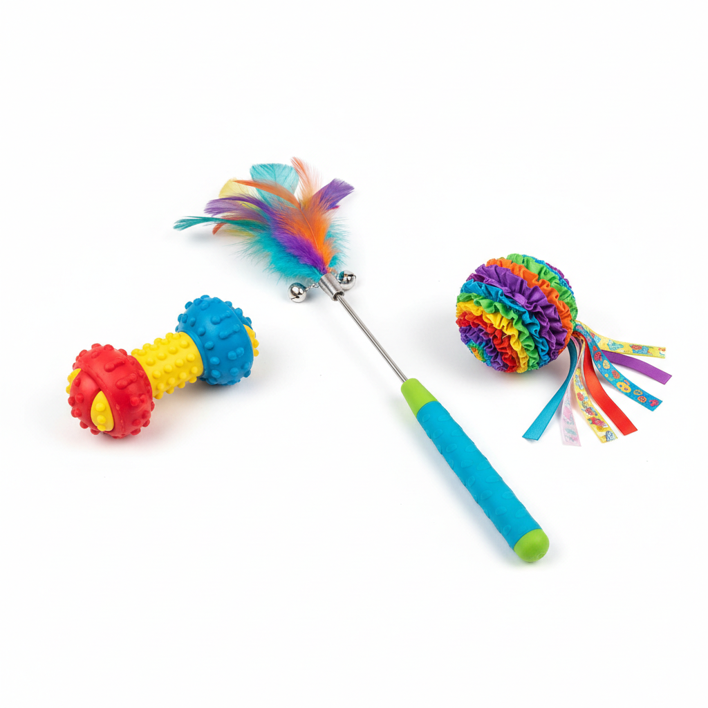 Interactive Pet Toy Set with feather wand, rubber chew toy, and crinkle ball